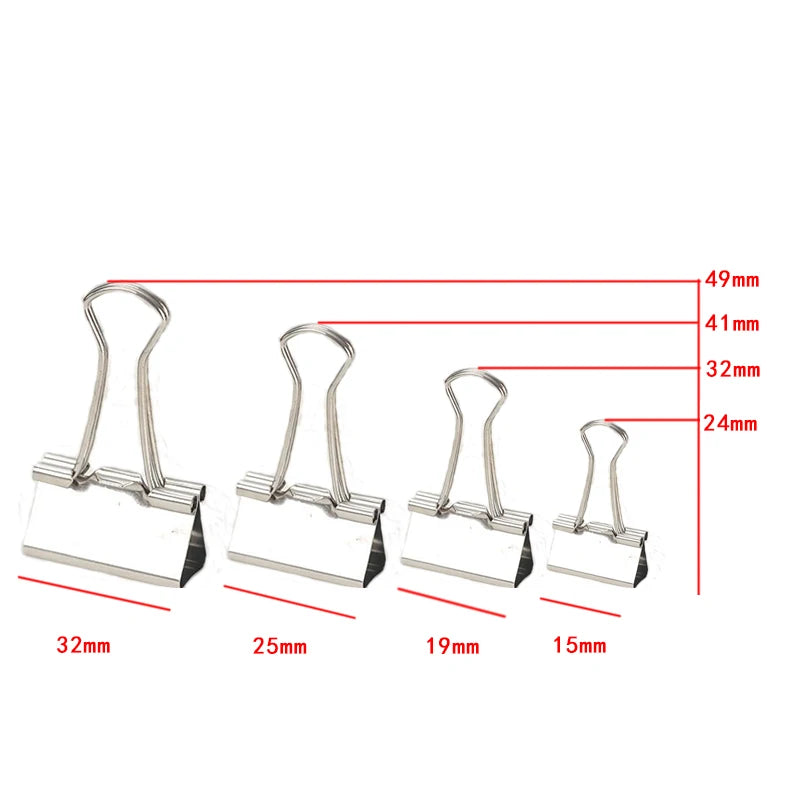 10PCS/Set Metal Paper Clip 15 19 25 32mm Foldback Metal Binder Clips Silver Grip Clamps Paper Document Office School Stationery