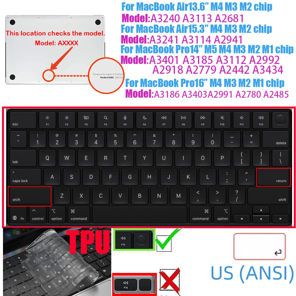 For MacBook Pro 14" M5 2025 Keyboard Cover TPU/Silicone - US & EU Layouts A3434 Pro16 Air15 Air3