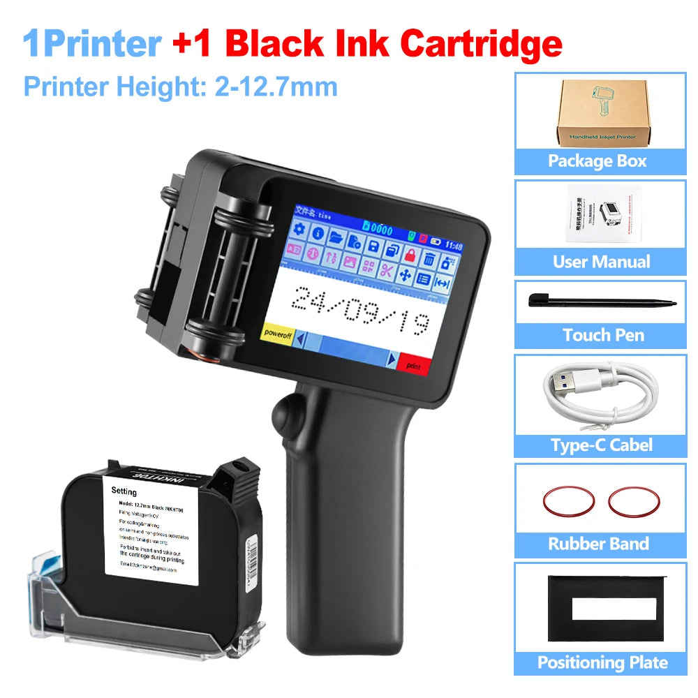 Mini Handheld Inkjet Printer 2-12.7mm for Text QR Barcode Batch Number Logo Date Label Printer with 0/1/2 Ink Cartridges