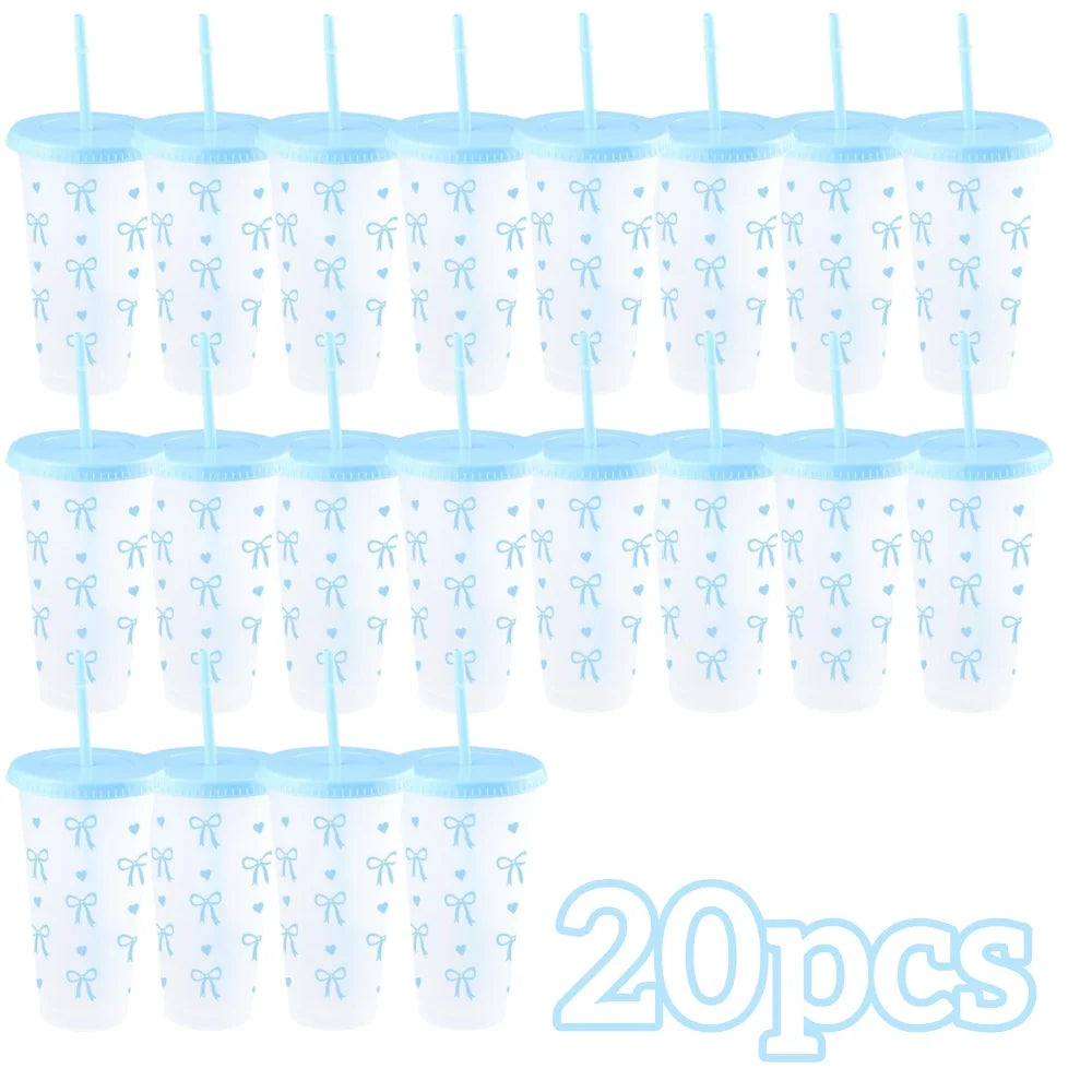 2/20pcs 24oz Reusable Party Cups with Straw & Lid Cute Bow Plastic Tumblers for Cold Drinks Home Office Outdoor Use Summer Gift