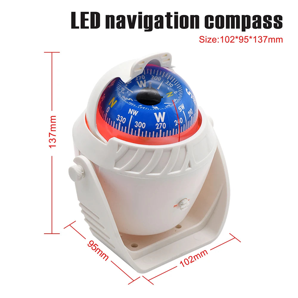 For Boat Yacht Car Waterproof Navigation Compass With Electronic LED Light White/Black Marine Sea Pivoting Marine Compass