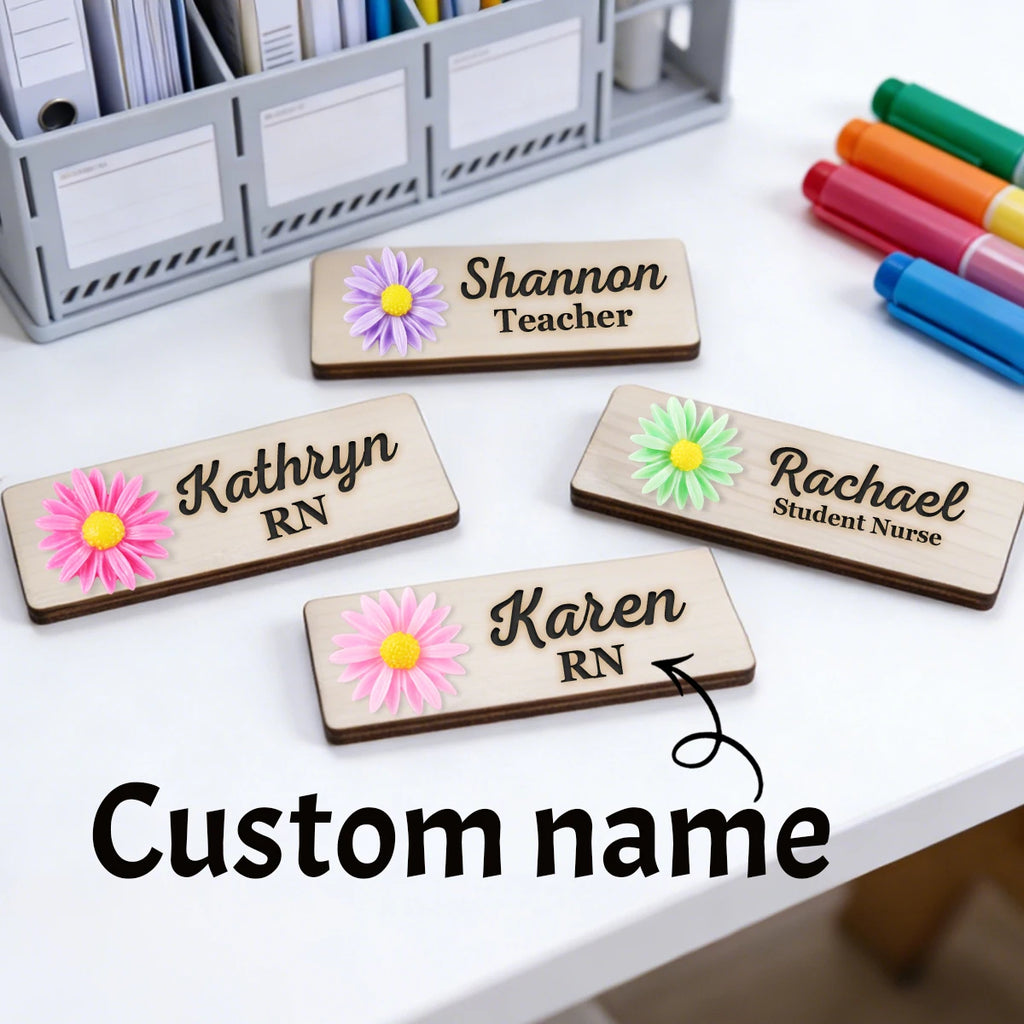 Personalized 3D Chrysanthemum Wooden Name Tag Badge with Magnetic or Pin Backing, Daisy Flower Nurse Teacher Doctor Name Tag,