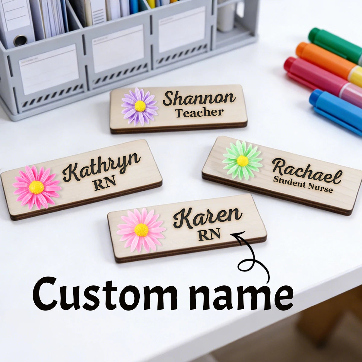 Personalized 3D Chrysanthemum Wooden Name Tag Badge with Magnetic or Pin Backing, Daisy Flower Nurse Teacher Doctor Name Tag,