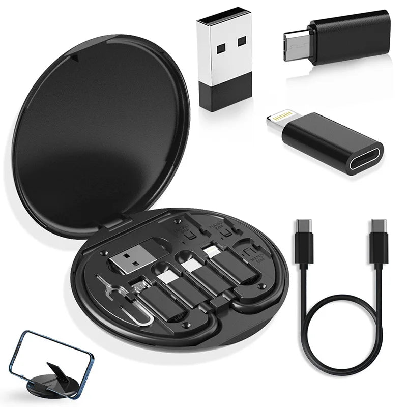 Portable Multi-functional Data Cable Storage Box, 60W Fast Charging Mobile Phone Holder, Charging Cable Set, Multi Head Adapter