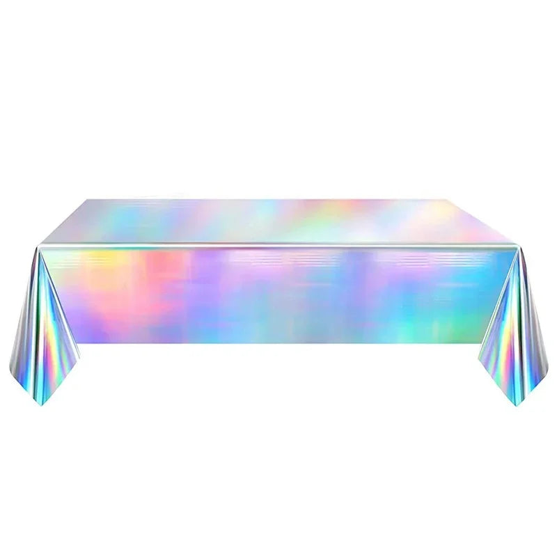 Iridescent Silver Holographic Party Tableware Set Disposable Paper Plates Cups Tablecloth for Birthday Wedding Y2K Disco Decor