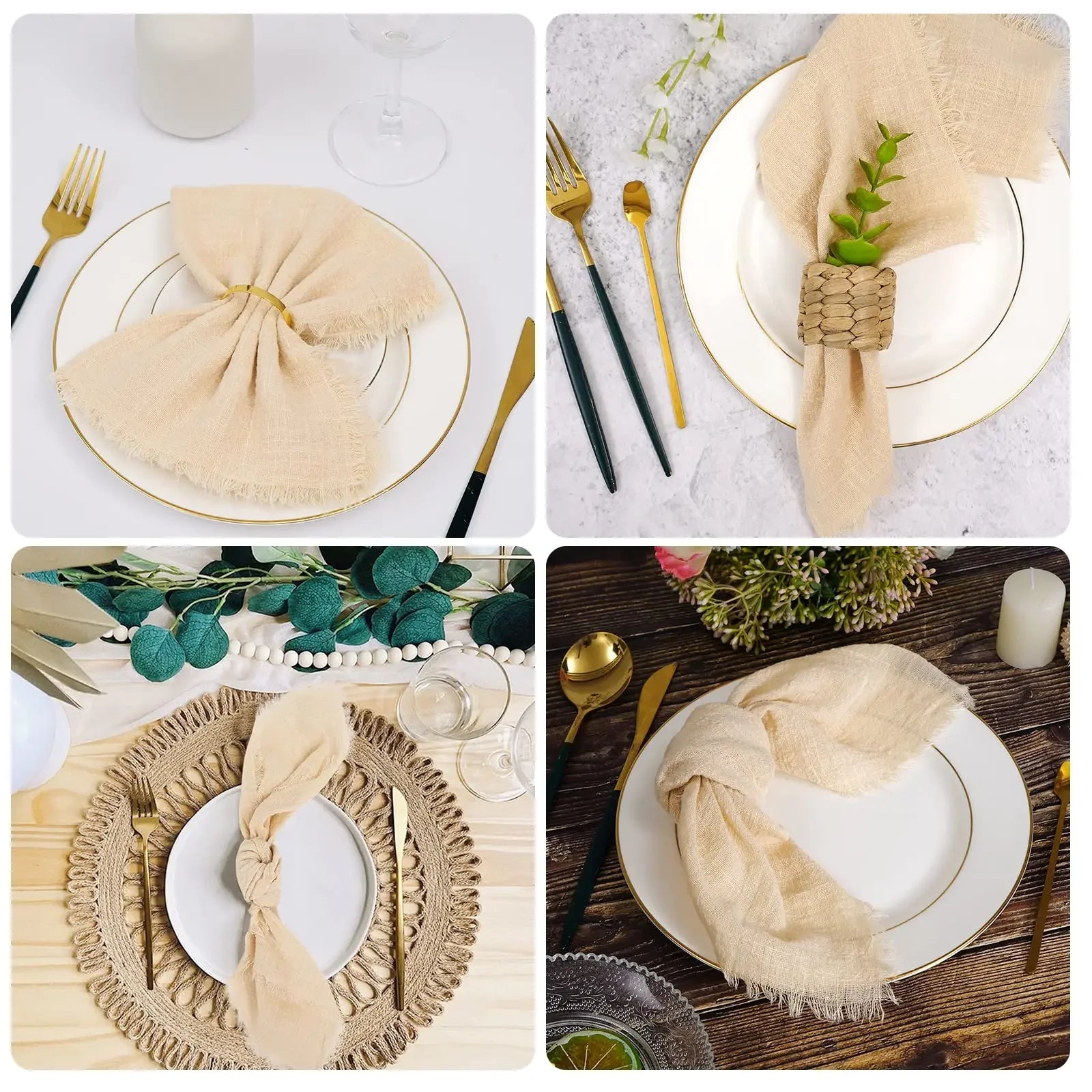 10Pcs 32x32cm Handmade Cloth Napkins with Fringe, Delicate Rustic Decorative Table Napkins for Wedding/Dinner/Party