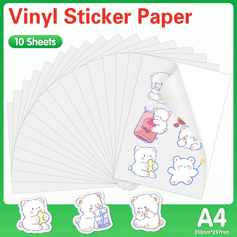 10 Sheets Printable Vinyl Sticker Paper Self-adhesive A4 Copy Paper DIY Holographic Transparent White Labels for Inkjet Printer