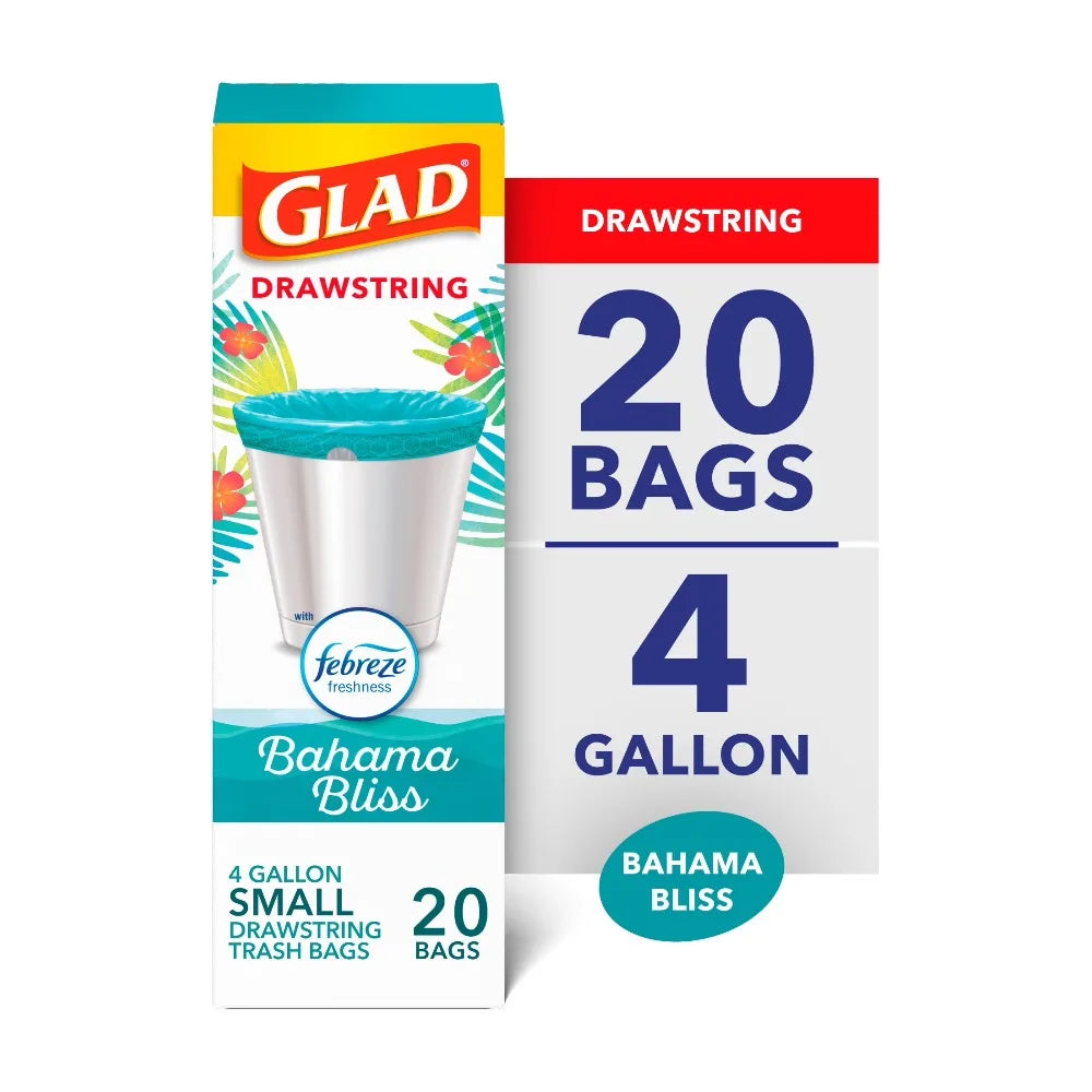 Small Drawstring Trash Bags 4 Gallon Teal Color Scented with Febreze Bahama Bliss Fresh Scent 20 Count Kitchen Bathroom Office Waste Disposal Bags