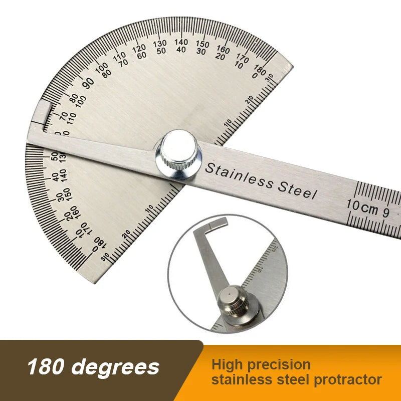 High Precision Stainless Steel Protractor Angle Gauge 180 Degrees 0-10CM Adjustable Semicircle Protractor Angle Measuring Tool
