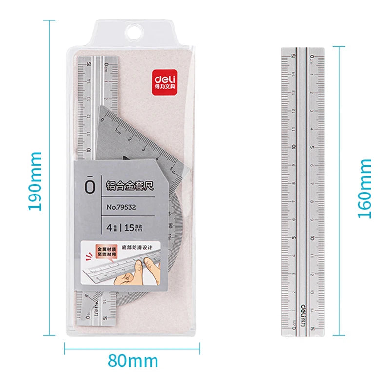 Deli 4Pcs Student Stationery Set Triangle Ruler Straight Ruler Grid Ruler Angle Measuring Tool Aluminum Alloy Material