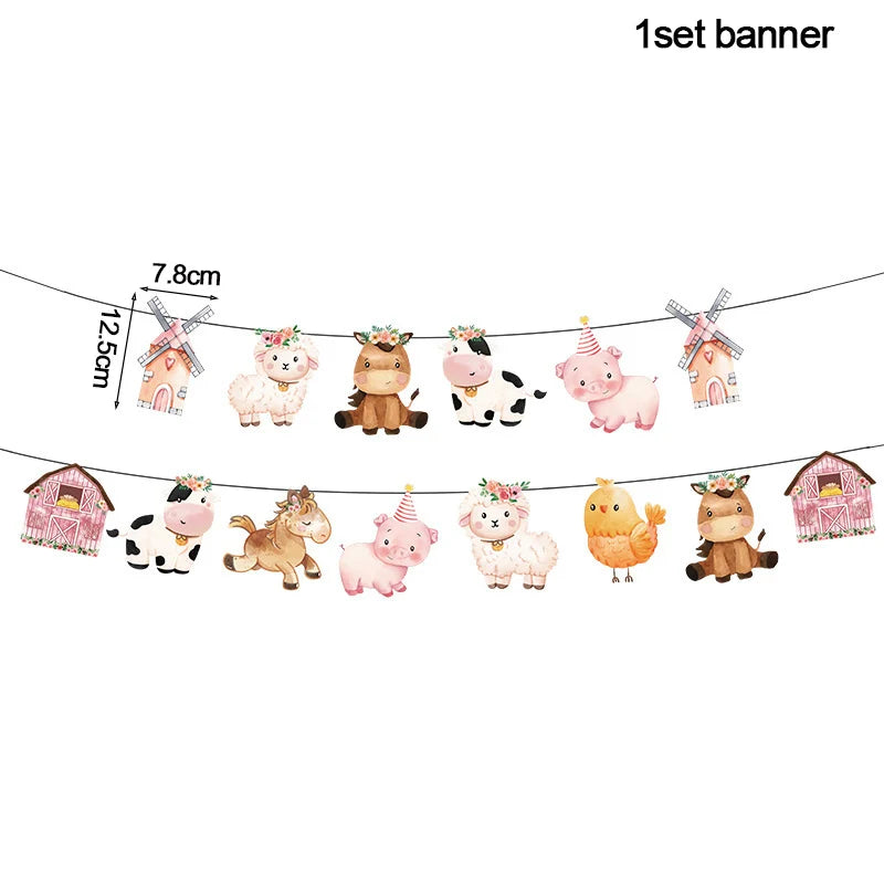Pink Farm Animals Birthday Decor Disposable Tableware Set Paper Banner Floral Plates Baby Shower Girl Birthday Party Decorations