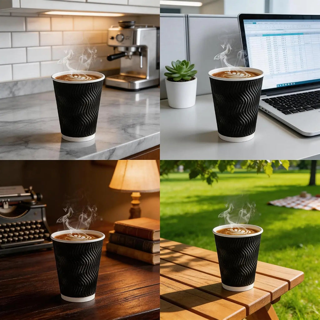 Black Rippled Double Wall Paper Cups, Disposable Coffee Cups, Paper Cups for Christmas Party and Daily [With Lids]