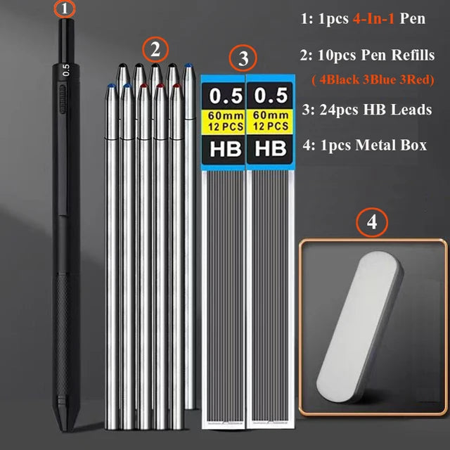Multifunctional 4-color-in-one gravity-sensing pen metal ballpoint pen/Mechanical Pencil,Black/Red/Blue Ink Oil Signing canetas
