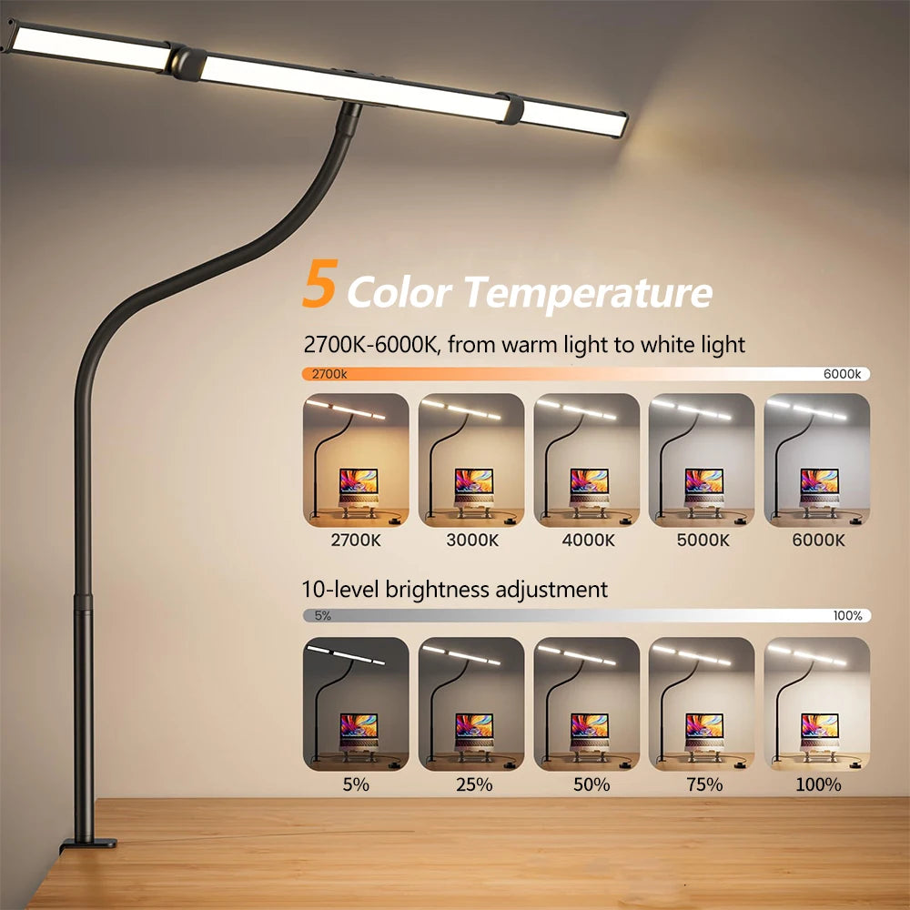 Single Double Triple Head LED Clip Desk Lamp Dimmable USB Eye-Caring Architect Table Lamp Computer Monitor Light for Office Home