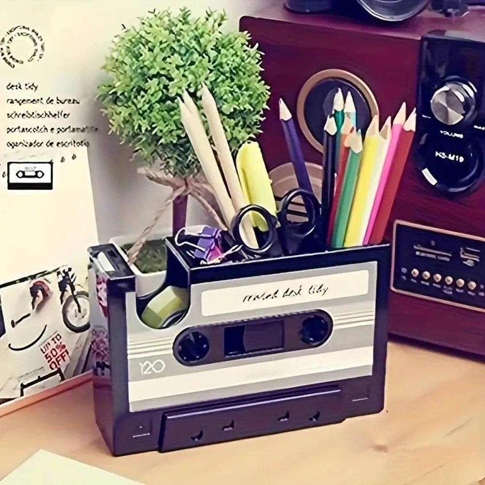 Retro Cassette Tape with Pen Holder 2 in 1 Vintage Desk Organizer for Office Home School Stationery Storage Tape Cutter Gifts
