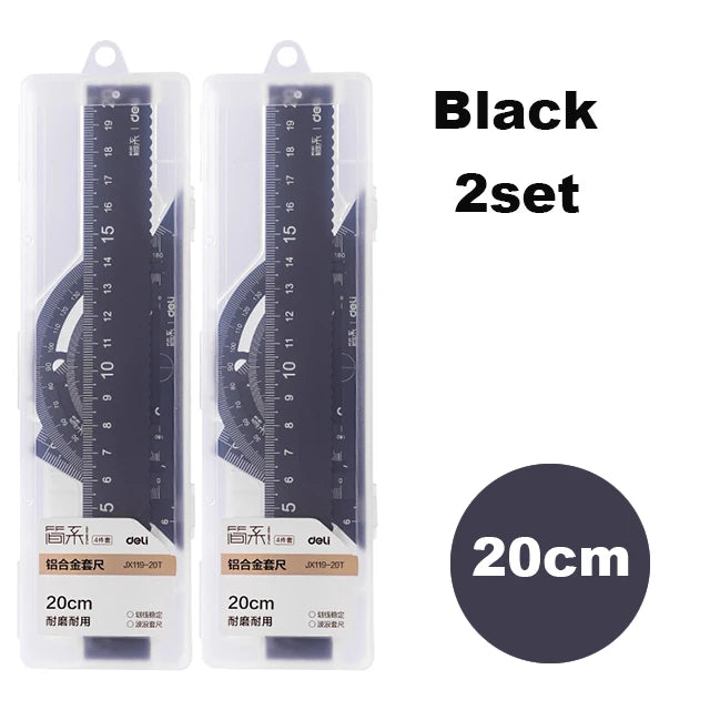 Deli 4Pcs Student Stationery Set Triangle Ruler Straight Ruler Grid Ruler Angle Measuring Tool Aluminum Alloy Material