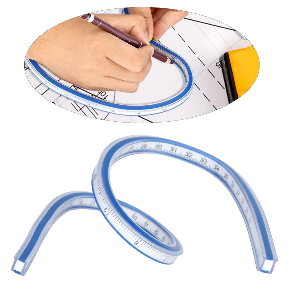 Durable Bendable Flexible Curve Ruler Double Side Graduated Plastic Metric Ruler Blue White Soft Measuring Tool Sewing