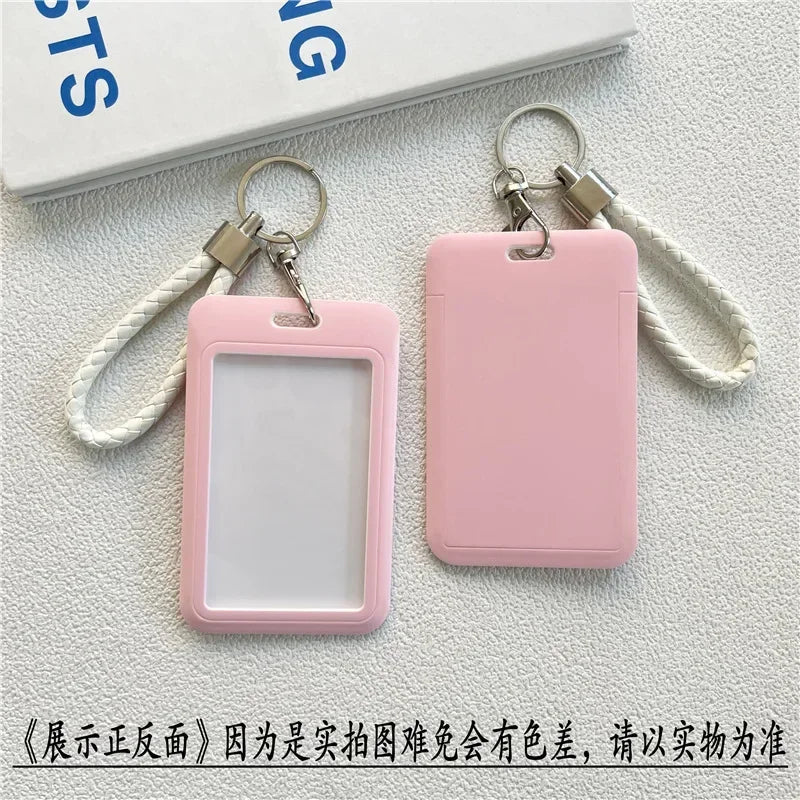 1Pc Solid Color Student Bus ID Card Protective Cover Keyring School Access Door Card Credit Card Holder Bag Set Key Chain