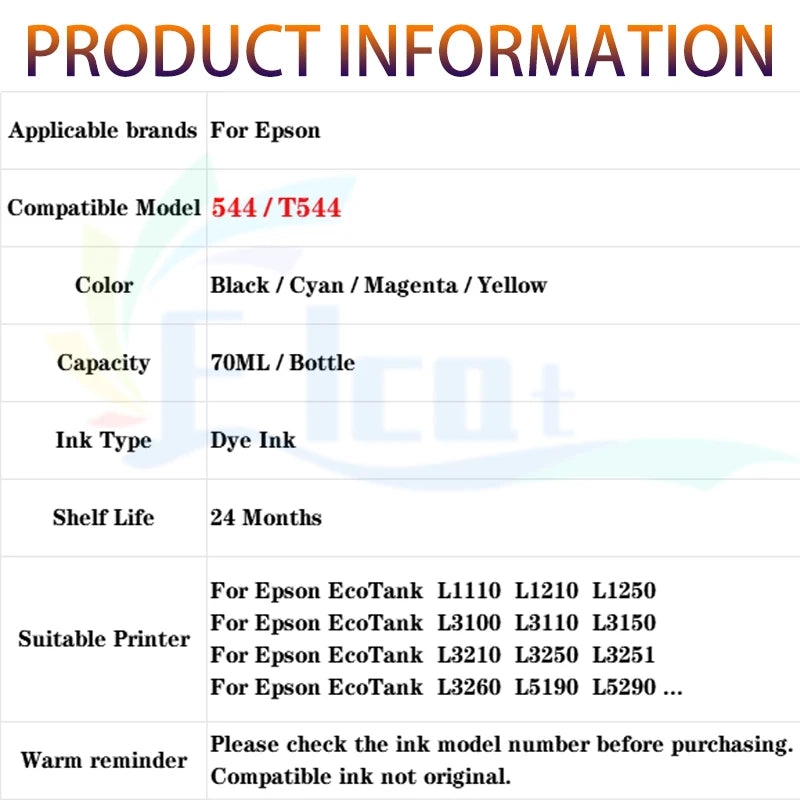 T544 544 Ink Bottle 544 Refill Kit Fit For Epson EcoTank L1110 L1210 L1250 L3110 L3150 L3210 L3250 L3251 L3260 L5290 Printer ink