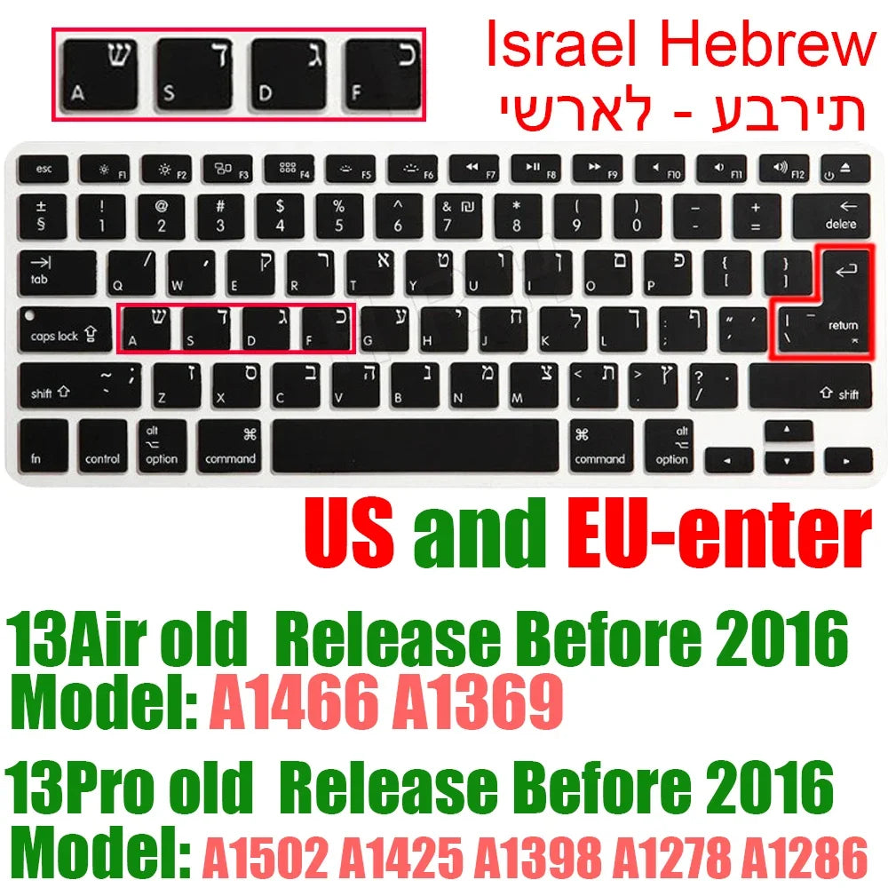Hebrew Israel  Keyboard Cover for Macbook Pro14 A2442 Air13.6 M2 A2681 Pro13 M1 A2338 A2289 Waterproof Silicone protective film