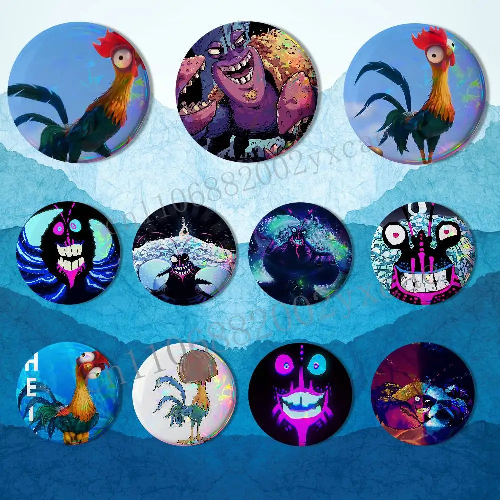 Heihei blakc Moana name Tamatoa Badge on Backpack Clothes decoration Tinplate Round Brooch Funny Custom Gifts for Friend