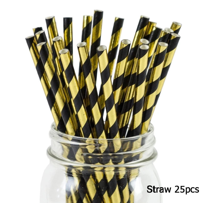 Black Series Gold Blocking Disposable Tableware Party Paper Plates Napkins Cups Straws Birthday Party Wedding New Year Decor