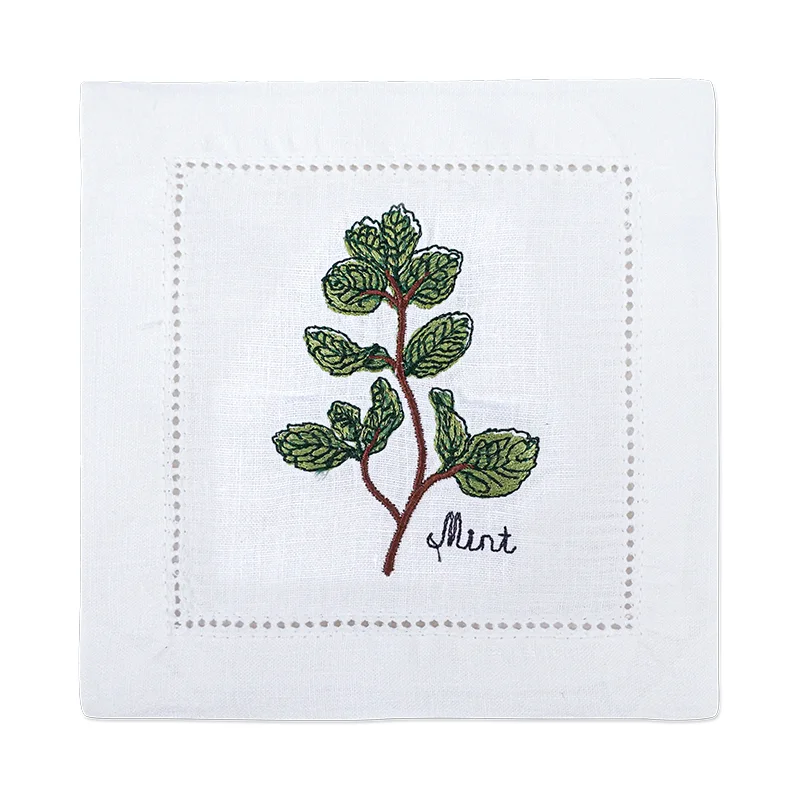 New Embroidered Herb Cocktail Napkin, Pure Linen, Lavender, Rosemary, Mint，Sage，Natural, Elegant, Tea Napkin, 15x15cm,