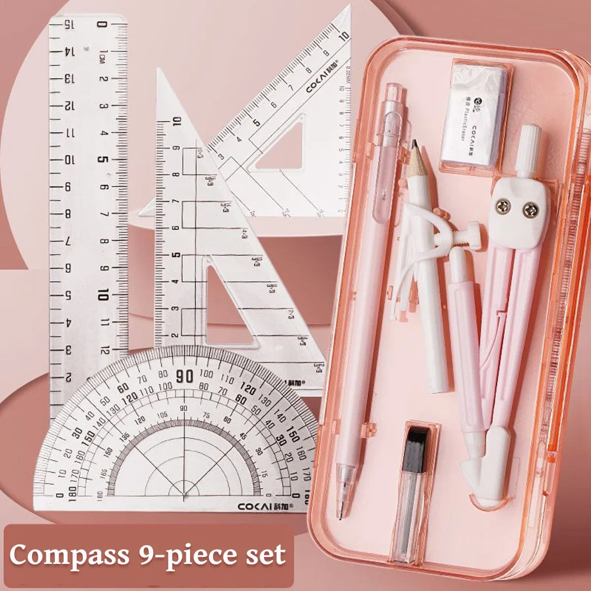 Kawaii 9pcs Ruler Set for Exams Geometry Compass Straight Edge & Protractor Portable Math Drawing Tools Stationery Supplies
