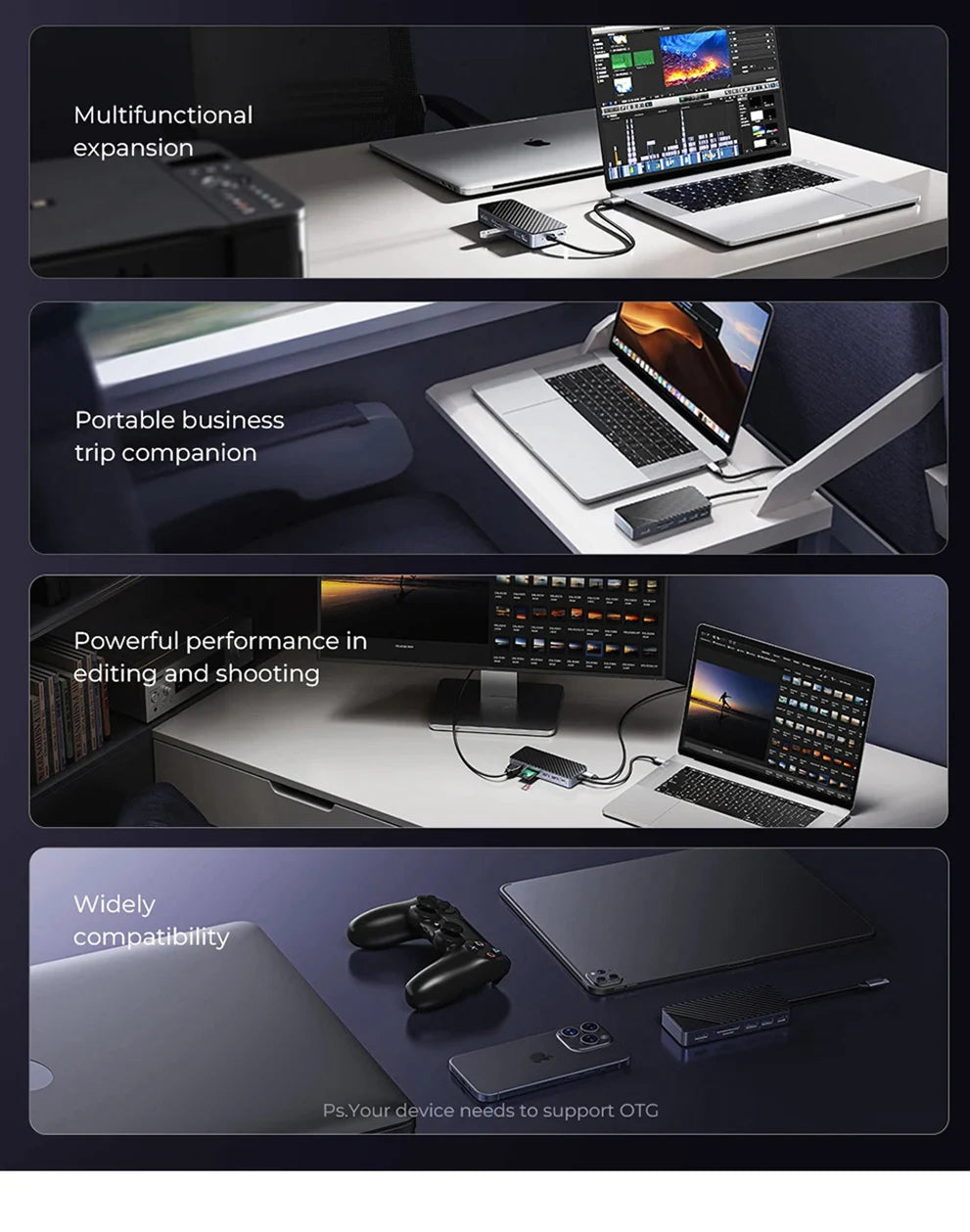 ORICO M.2 SSD Enclosure USB C Hub Splitter PD100W Extension Docking Station 10Gbps M2 NVMe SATA External Case 4K 60Hz HDMI-Com