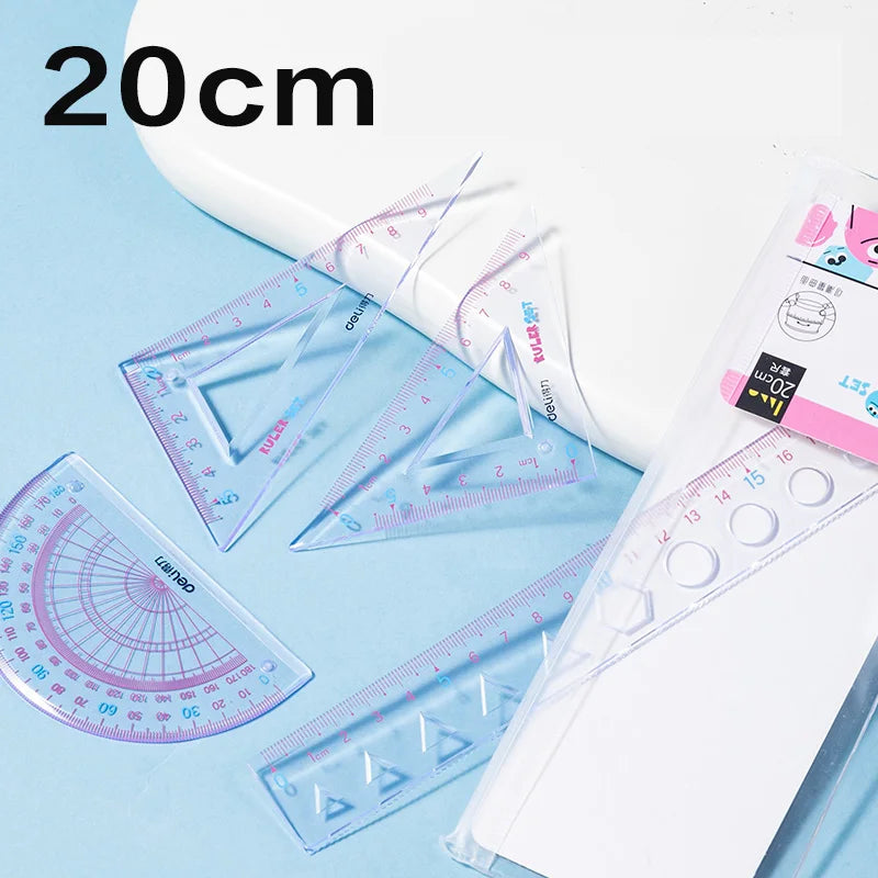 Deli 4pcs/set Transparent Soft Ruler Flexible Straight Triangle Rulers Protractor for Home Office Drawing Maths Measuring Tool