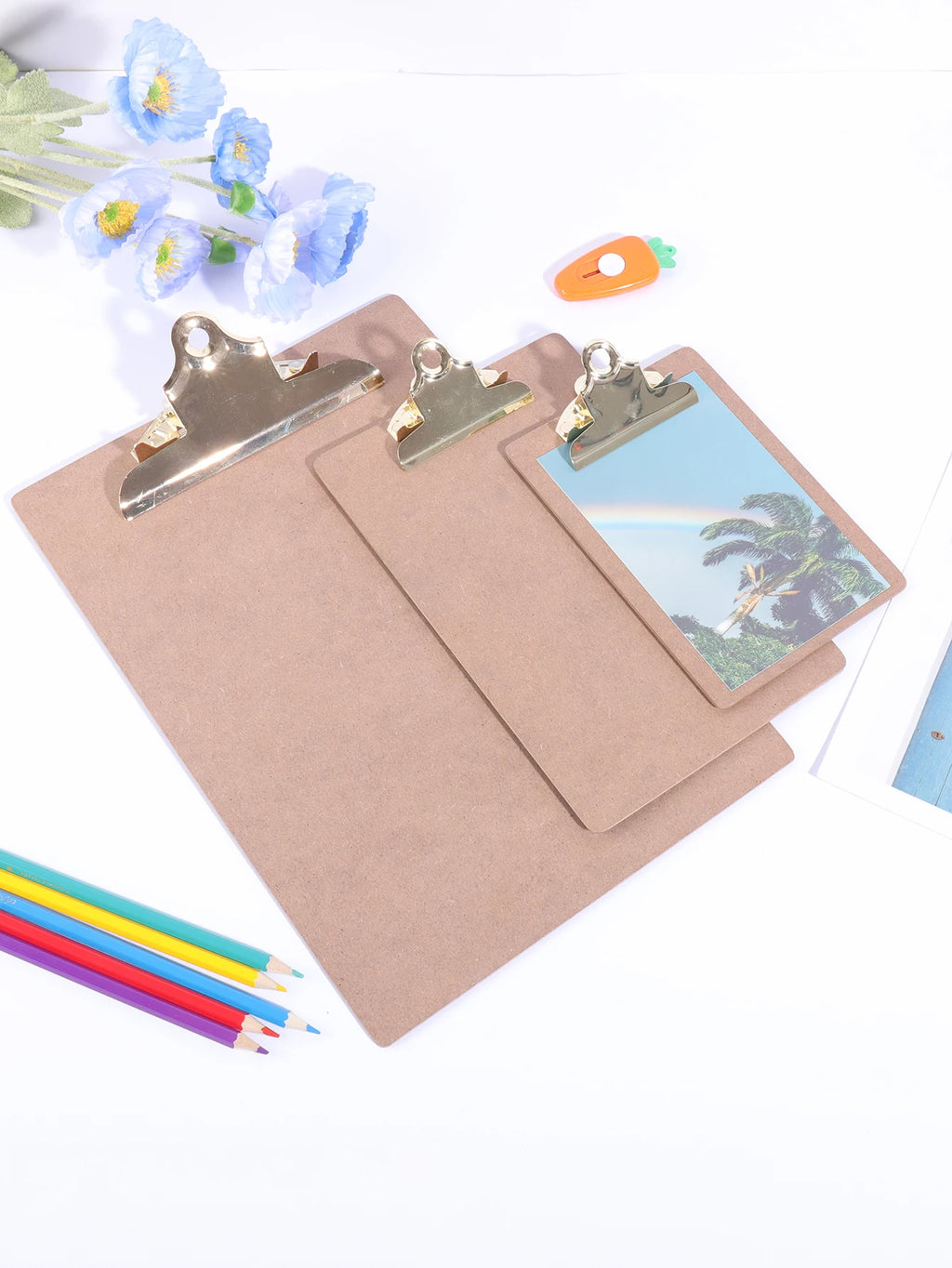 Wood Color Folder with Golden Metal Clip Different Sizes Portable Stylish Notes Ticket Holder Office School Stationery Supplies