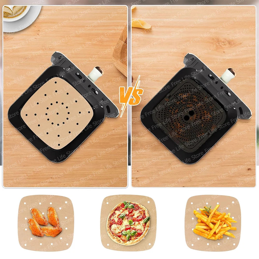 Air Fryer Disposable Paper Liners 23cm Square Perforated Parchment Paper Non-stick Greaseproof Paper for 7-12L Airfryer Steamer
