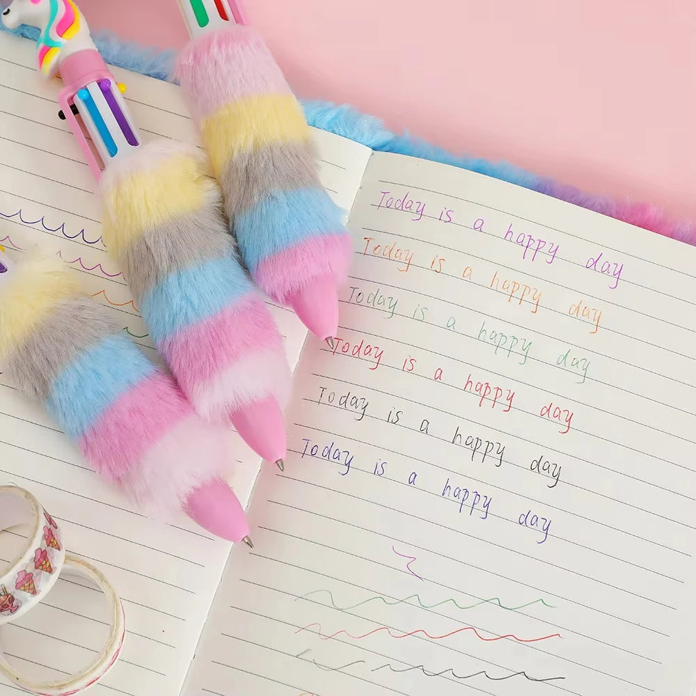 2PCS Children's Unicorn Plush Gel Pen Set 6 Colors Rainbow Ball-point Pens Cartoon Girl Handwriting Tools for Students