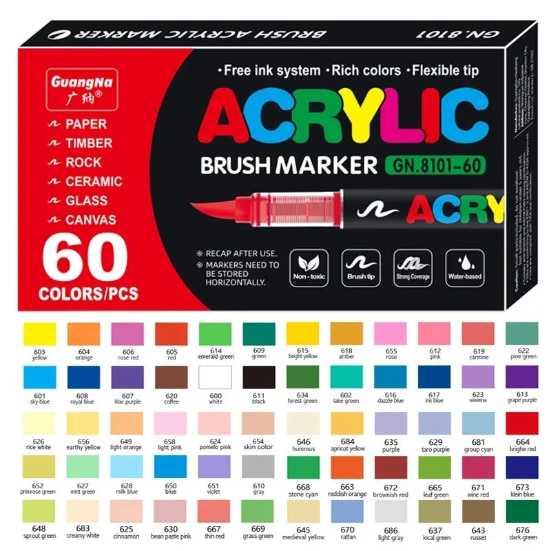 GuangNa 12/360/408 Colors Acrylic Paint Pen Markers Acrylic Skin Color Brush Tip Paint Marker for Wood Rock Painting Canvas Gift