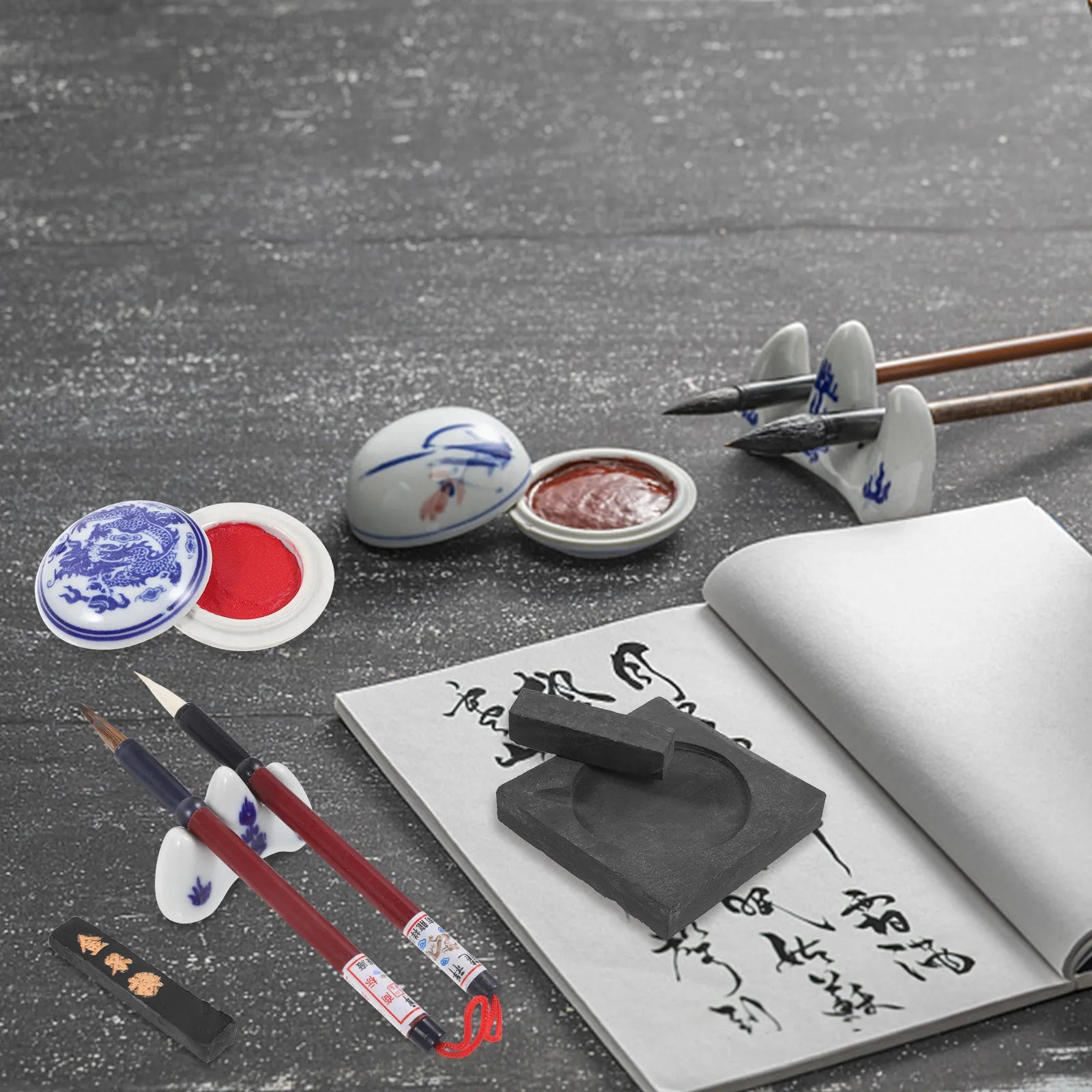 1Set Chinese Calligraphy Brush Kit Vintage Style for Beginners Kanji Sumi Ink Painting Watercolor Art Writing Practice Gift Set