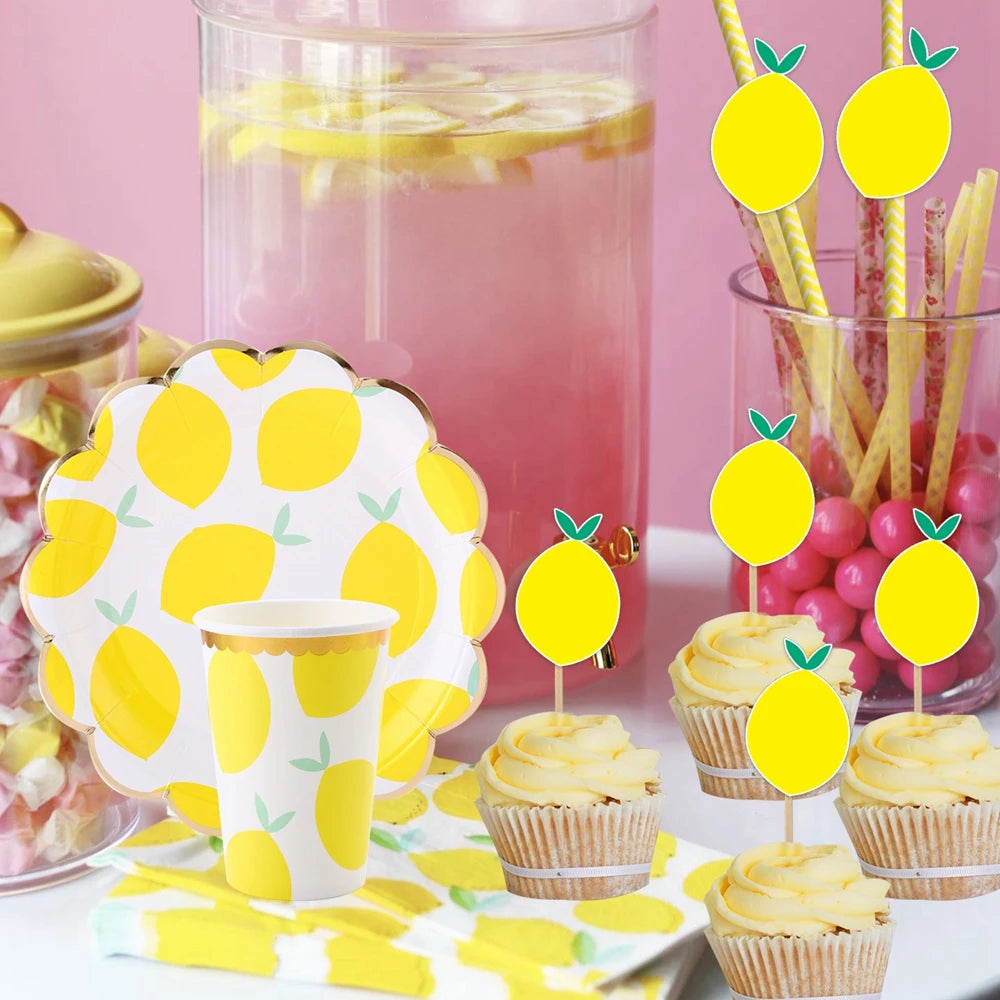 Lemon Disposable Tableware Paper Cups Plates Cake Toppers for Summer Lemon Happy Birthday Pool Party Decoration DIY Cake Supply