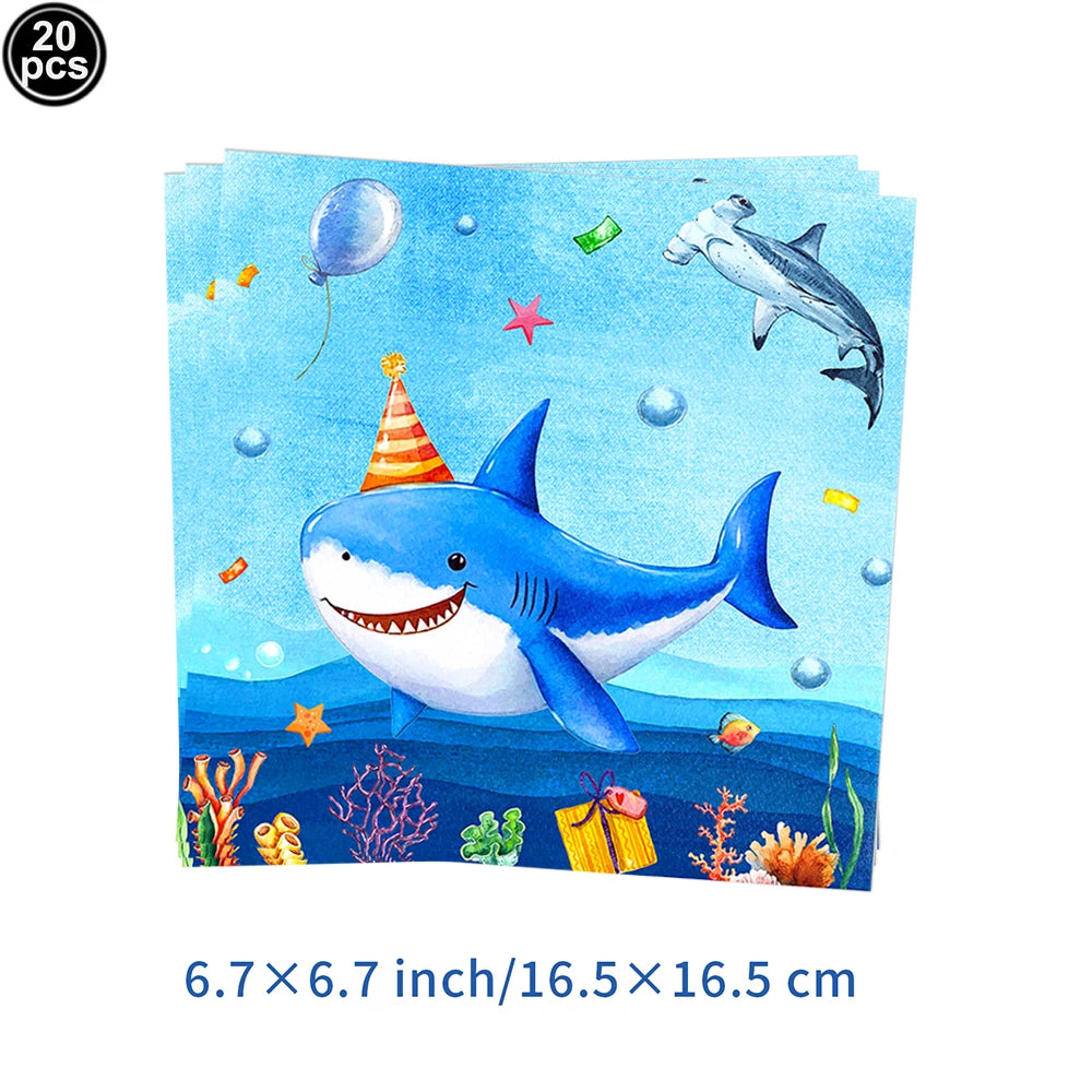 Ocean Shark Theme Disposable Tableware Cute Cartoon Marine Animal Plastic Tablecloth Kids Birthday Party Baby Shower Decor