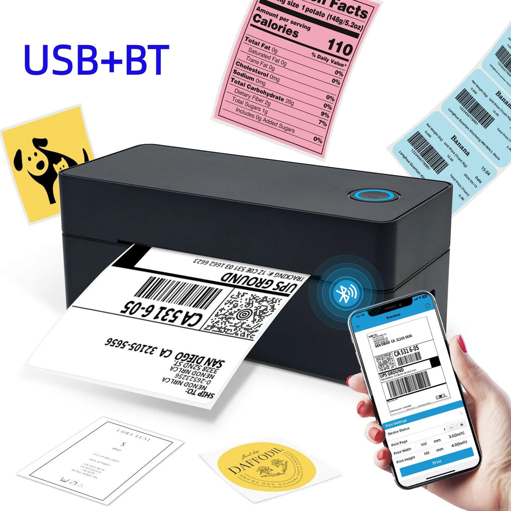 Thermal Label Printer Portable No Ink Required 203DPI 4x6 for Small Business Bluetooth USB High Speed Express Airway Bill