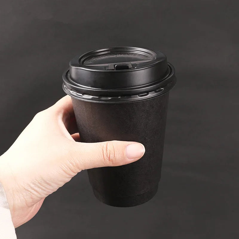 50pcs/pack Disposable Matte Black Coffee Paper Cup Hot Drinking Cup Double Layer Thickened Hollow Cup Accept Customization