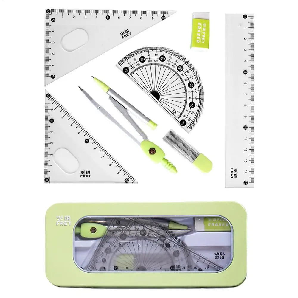 7PCS Stainless Steel Compass Set Math Geometry Tools with Eraser Ruler Student Carpenter Drafting Drawing School Supplies