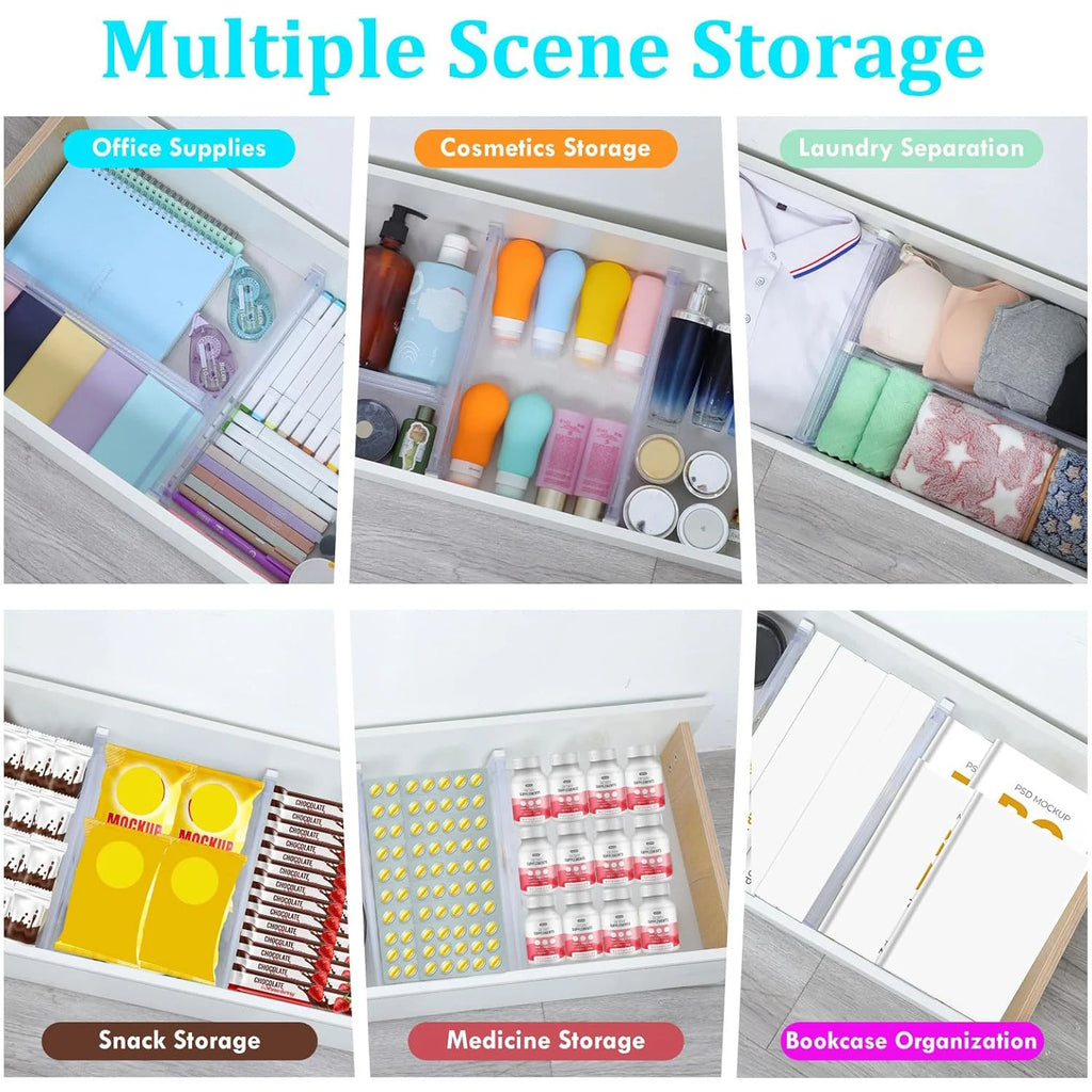 6/8/10/12-Pack Adjustable Drawer Organizers, Clear Expandable Dresser Organizers for Storing Clothes Kitchen Utensils