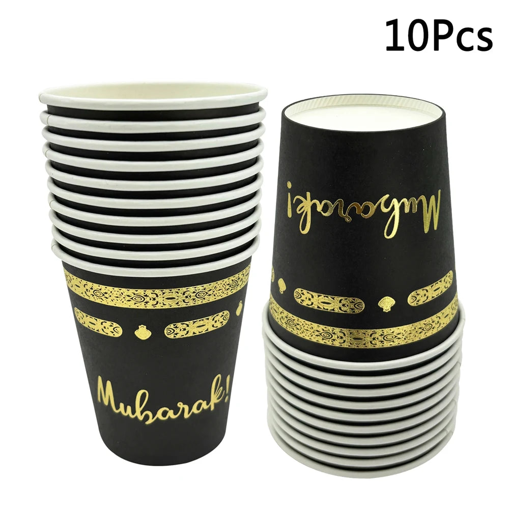 10Pcs Umrah Eid Mubarak Ramadan Party Disposable Tableware Kaaba Paper Plates Cups Napkin Muslim Islamic Eid Al-Fitr Decoration