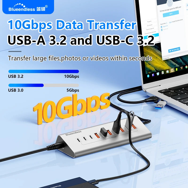 Blueendless Aluminium 10Gbps USB3.2 Gen2 4/10port HUB Docking Station USB-C USB-A Type C Splitter Adapter for PC Laptop macbook