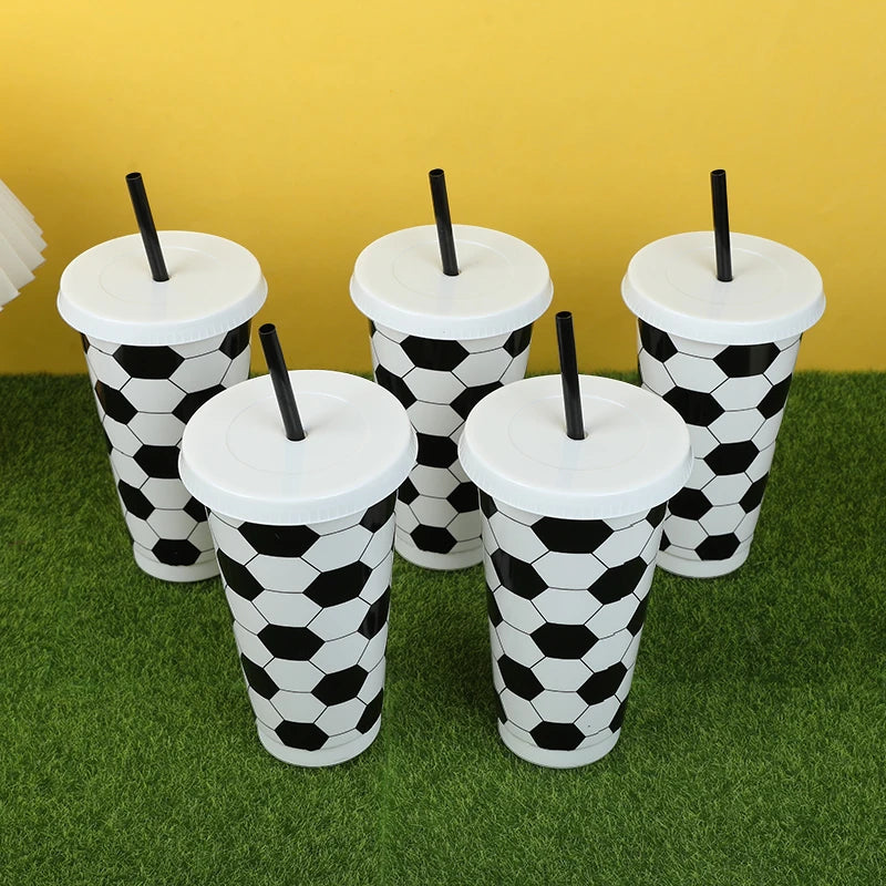 6/12pcs Reusable Plastic Soccer Cups with Lid Straws Kids Football Party Favors Sports Themed Birthday Decoration Supplies Gifts