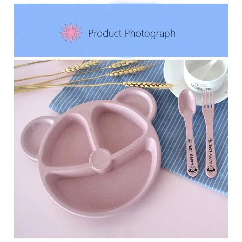3Pcs/set Wheat Straw Baby Dishes Cartoon Tableware Set Kids Dinner Platos Baby Feeding Plate Training Bowl Spoon Fork Tableware