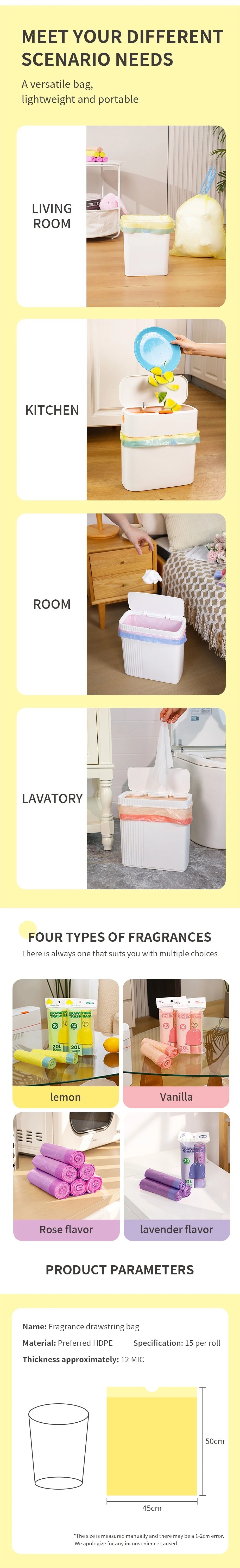 20L Scented Drawstring Trash Bags Floral Fragrance Rose Lavender Lemon Vanilla Heavy Duty Kitchen Bathroom Office Garbage Bags