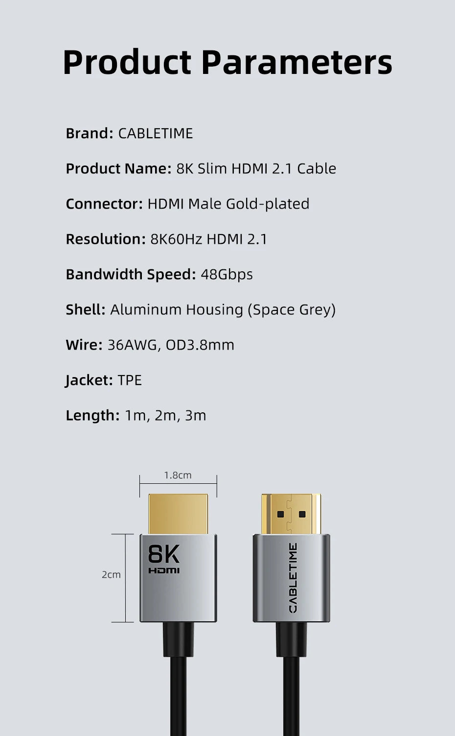 CABLETIME 8K Slim HDMI 2.1 Cable HDMI to HDMI Cable 8K@60Hz 4K@120Hz Ultra HD Resolution 3.8mm Width for Laptop Lenovo Dell