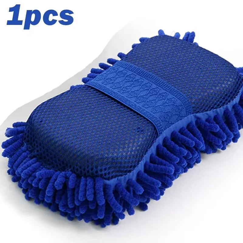 1/2Pcs Blue Microfiber Chenille Auto Cleaning Kit, Car Wash Sponge Pad Washing Glove Towel, Essential Auto Detailing Accessories