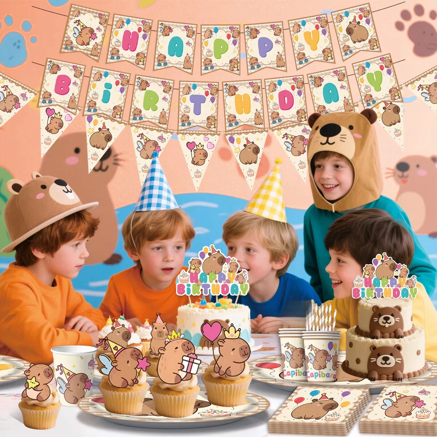 Birthday Decoration Capybara Birthday Invitation Card Cup Tablecloth Plate Napkin Poster Baby Shower Birthday Girl Party Favors