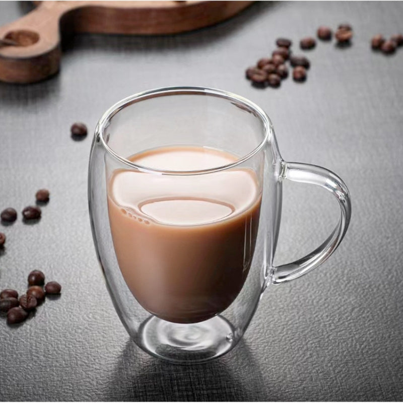 Double Layer Transparent Glass Cup High Borosilicate Glass Juice Milk Heat-Resistant Coffee Cup Round Egg Shape with Handle